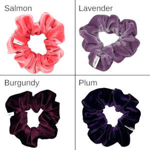velvety velour scrunchies 4 shown in a variety of purple and pink