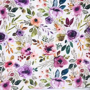 purple watercolor floral ptter on white fabric. sewn into headbands, hair ties and scrunchies | Stay Kool Bands