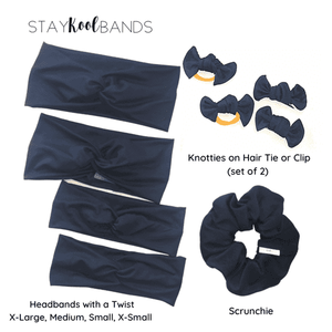 view a variety of hair accessories. shown here are headbands, scrunchie and hand tied knotties for kids and adults. | Stay Kool Bands